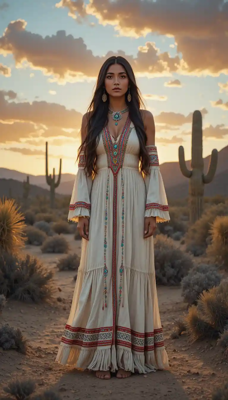 Native woman in traditional dress at sunset desert