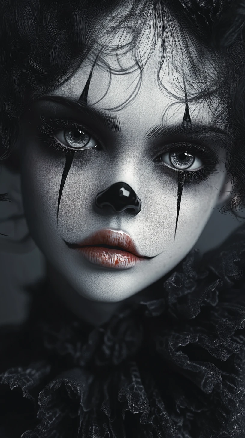 Sad clown doll portrait with dreamy glassy eyes