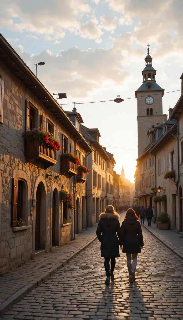 Narrow cobblestone street at sunset with woman and child