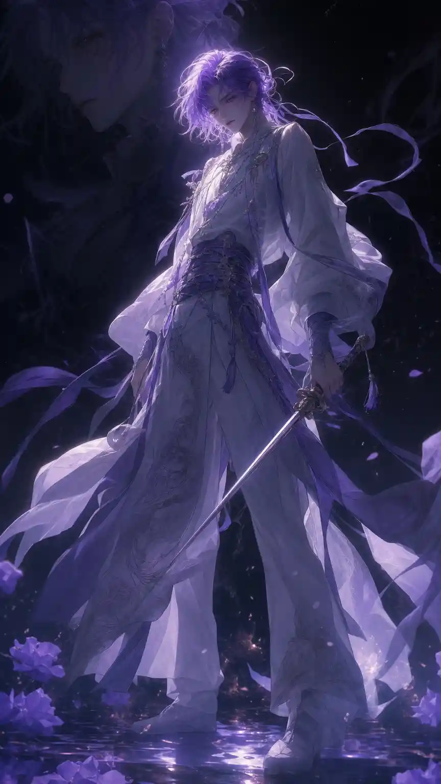 Melancholic purple haired swordsman in dark fantasy aura