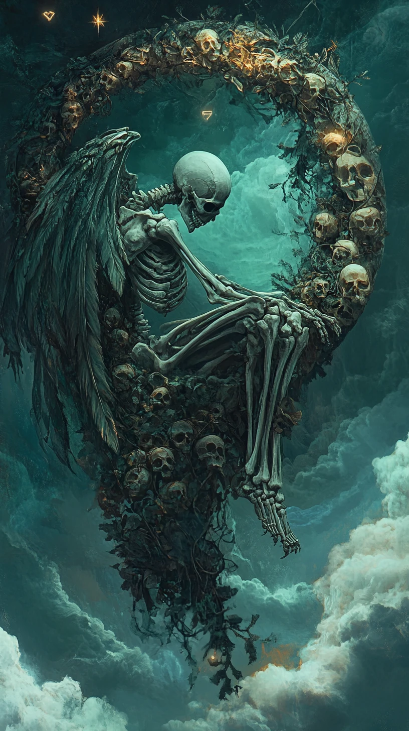 Winged skeletal guardian curled within a crescent of bones