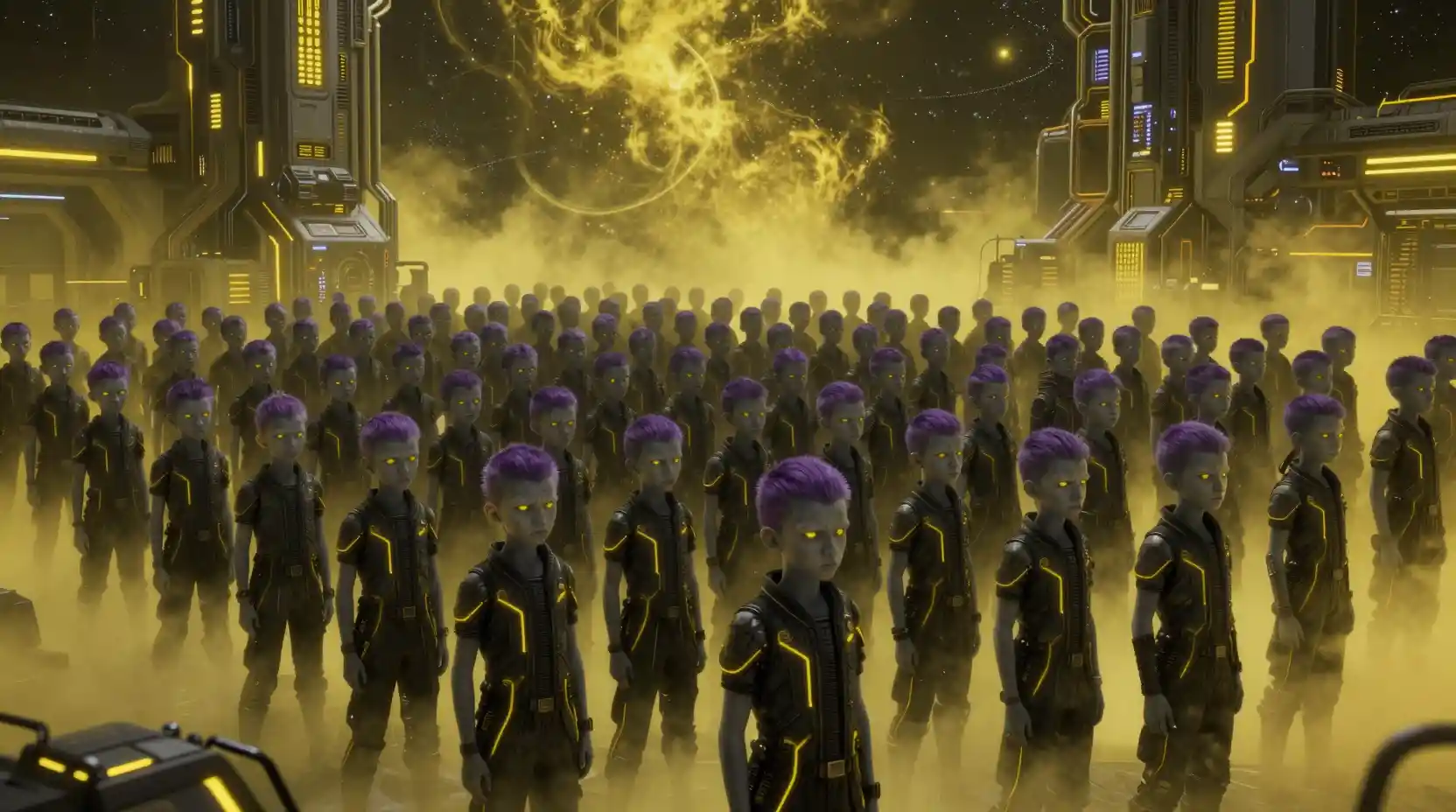 Vast army of gray skinned teenage boys under neon yellow sky