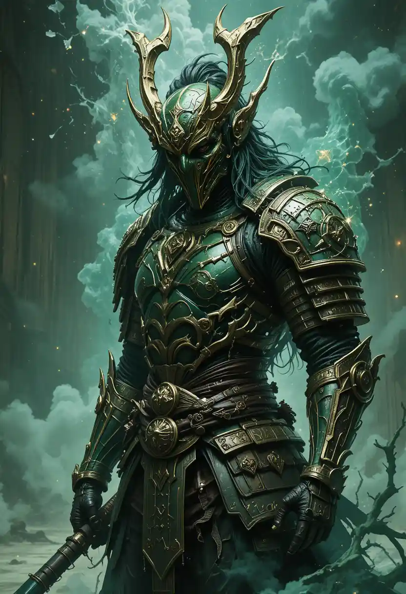 Demon samurai in ornate armor under dramatic dark fantasy lighting