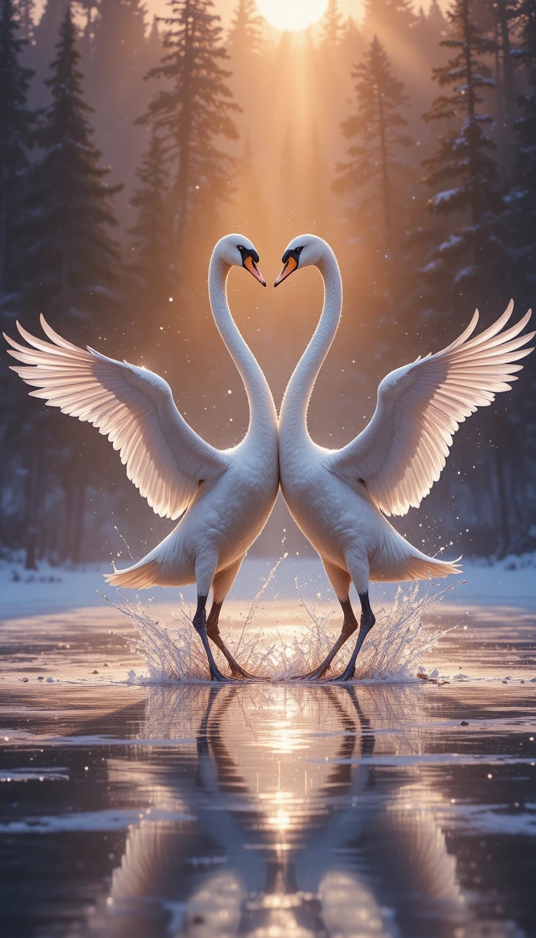 Two Swans Rising In Frost Above A Frozen Lake At Dawn
