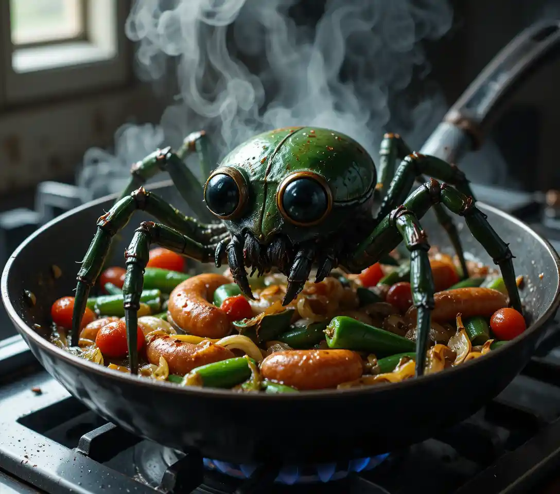 Metallisch grüne Spinne kocht Paprika in einer Bratpfanne