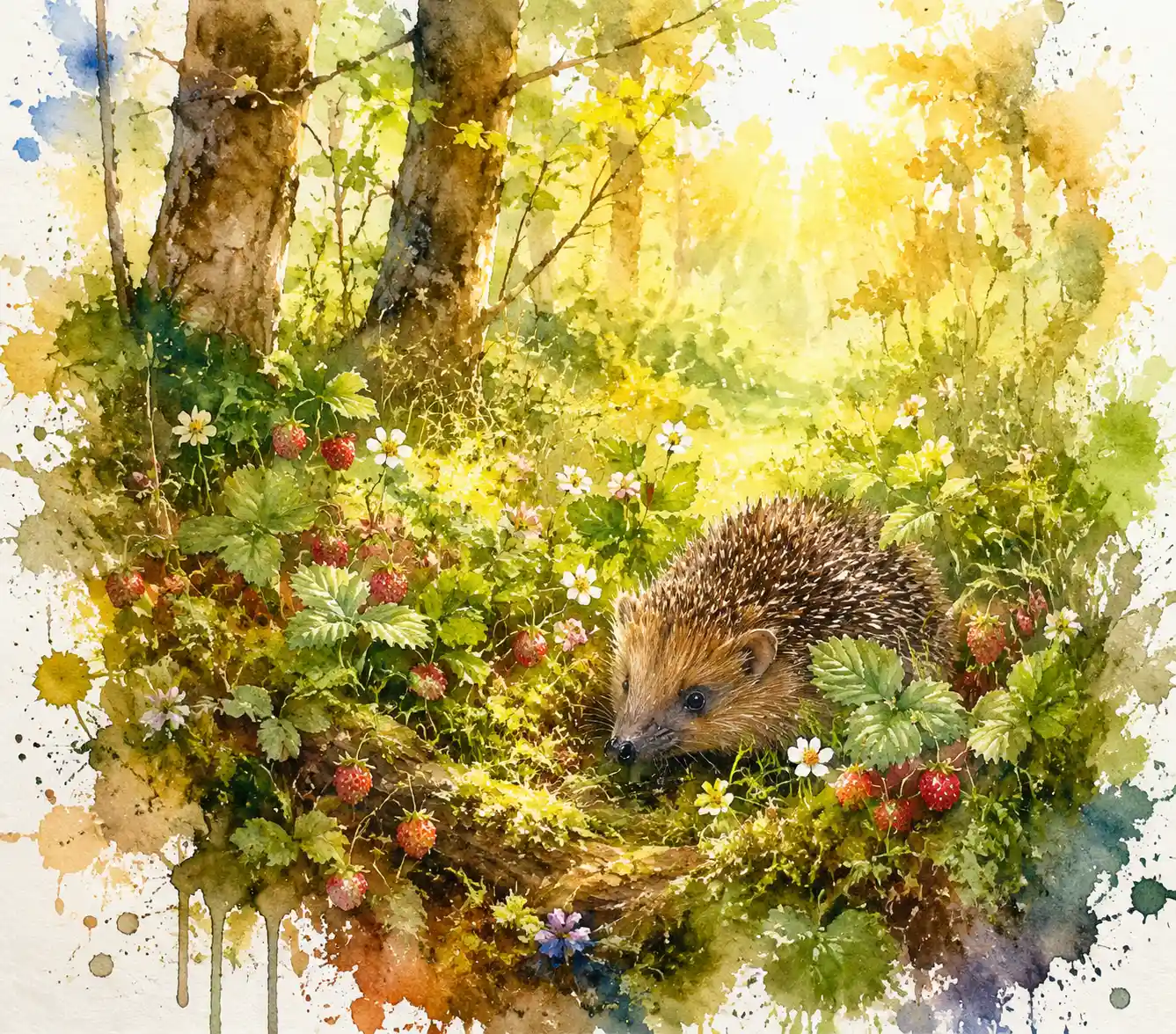 Watercolor hedgehog among forest moss and wild strawberries