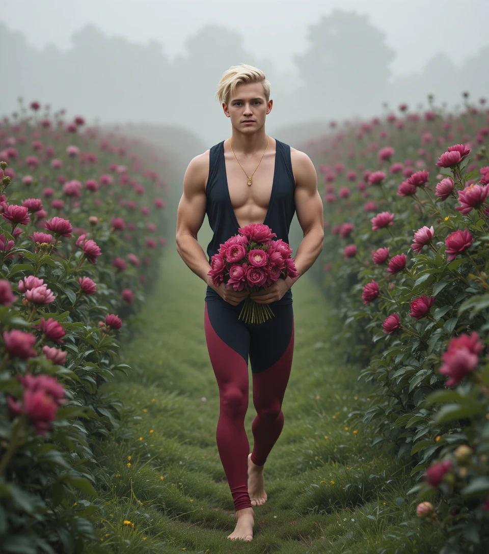 Barefoot young man walking through misty peony field