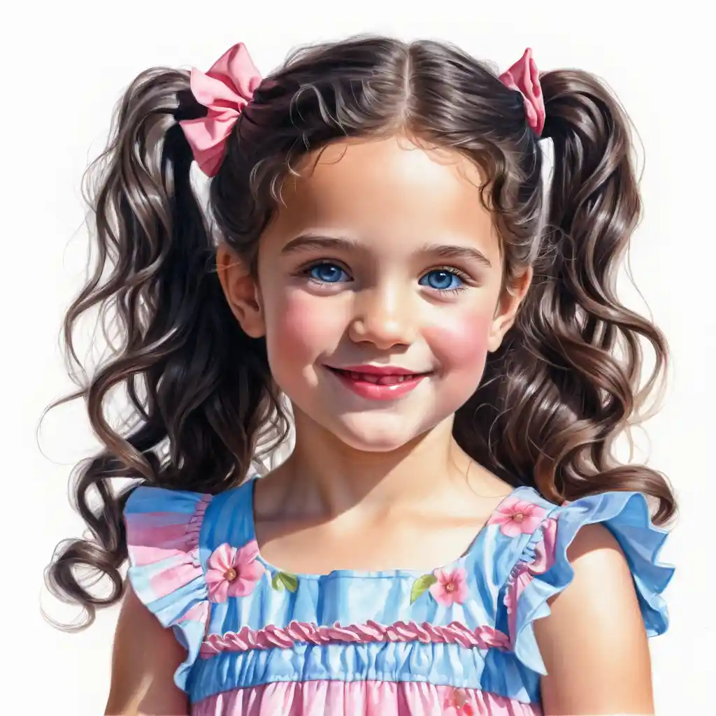 Smiling girl with long curly hair in pink summer dress