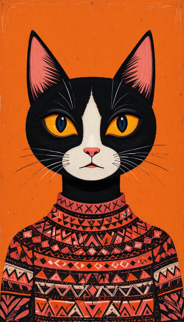 Ritratto folk geometrico di un gatto bicolore dal volto diviso