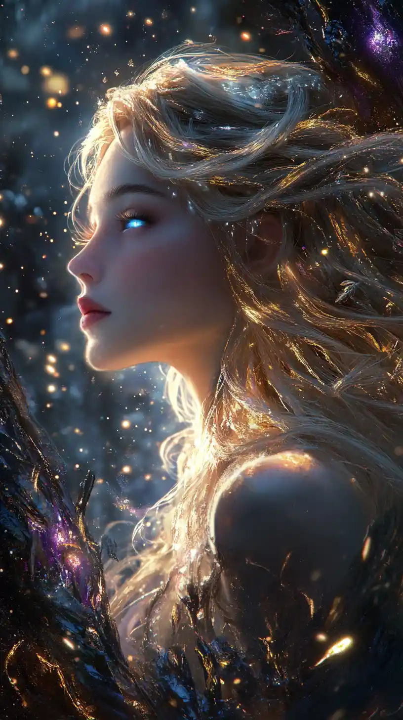 Ethereal armored woman in golden backlight amid mystical cave