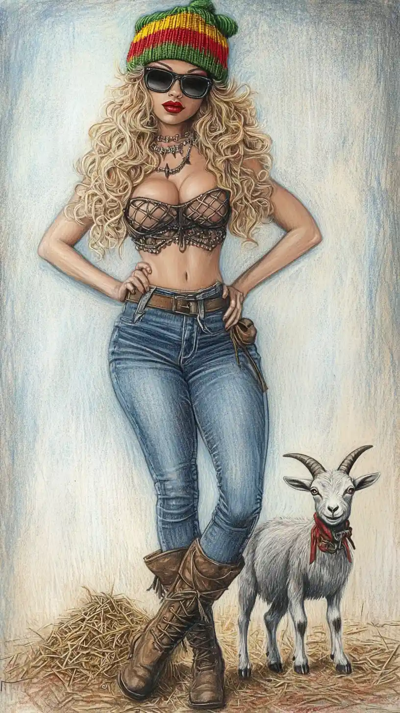 Curvy pin up woman with goat in colored pencil art