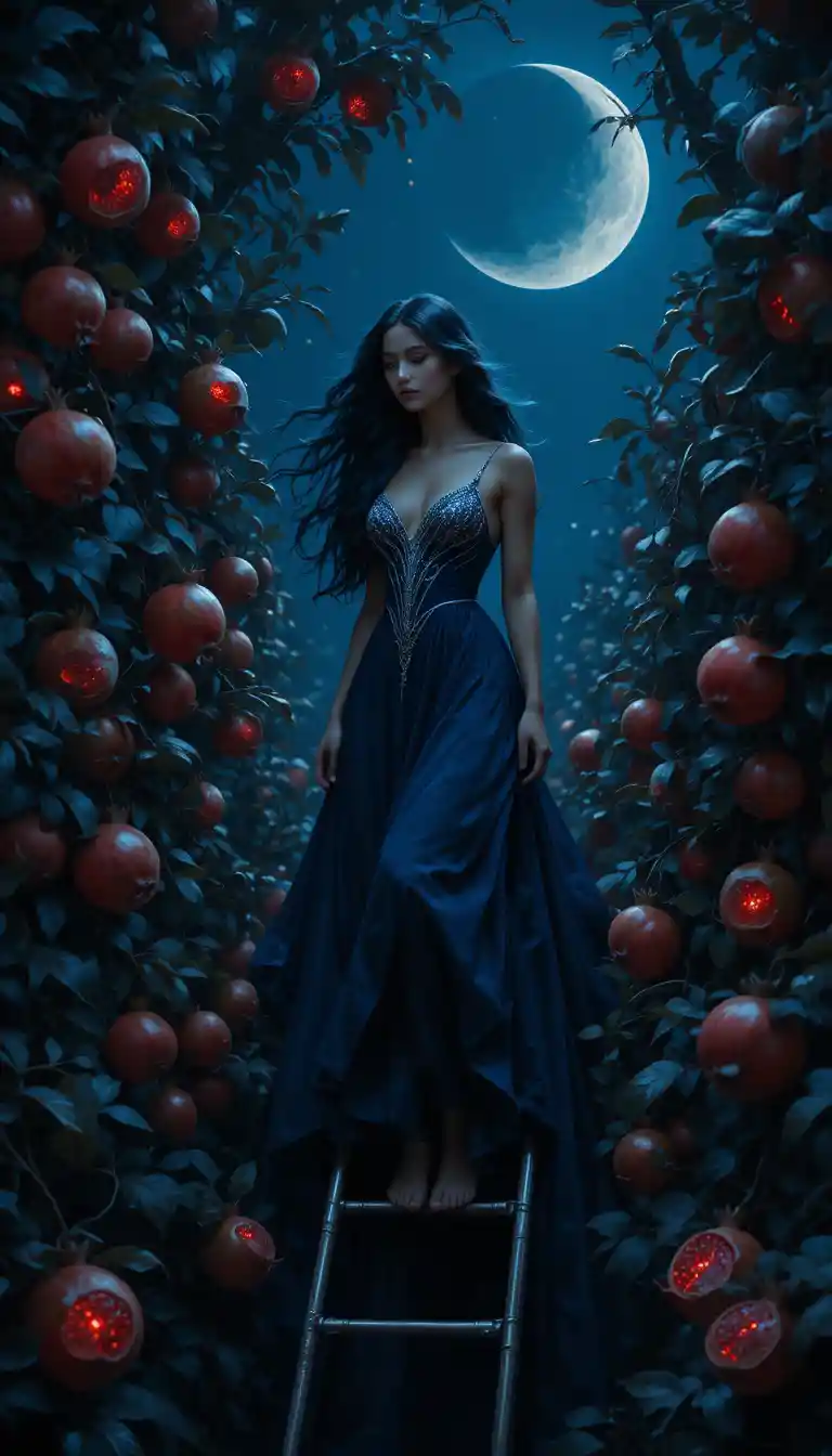Ethereal woman on a silver ladder in glowing pomegranate tree