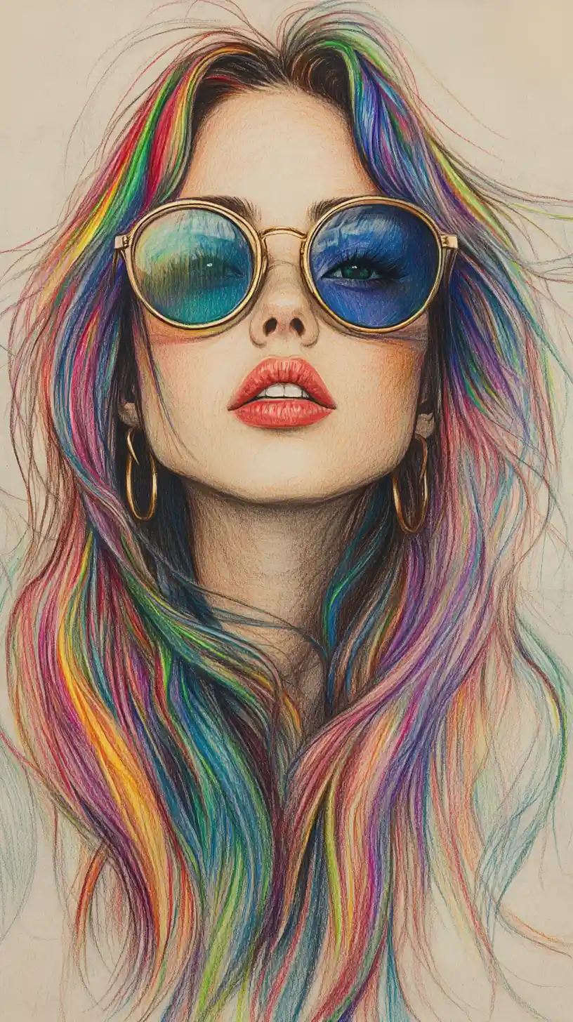 Color Pencil Portrait Of Girl With Rainbow Hair