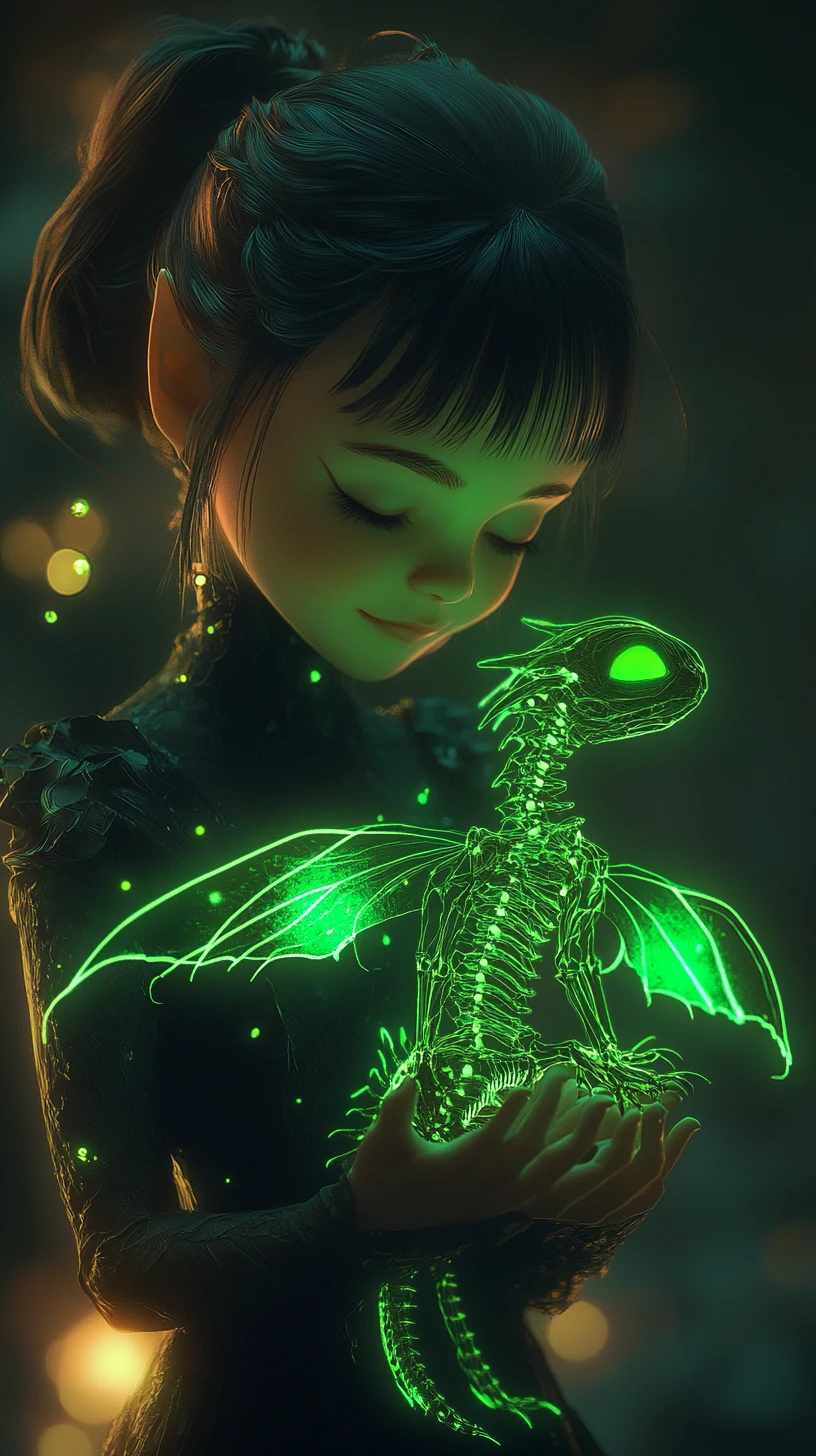 Gothic demon girl holding a glowing skeletal dragon