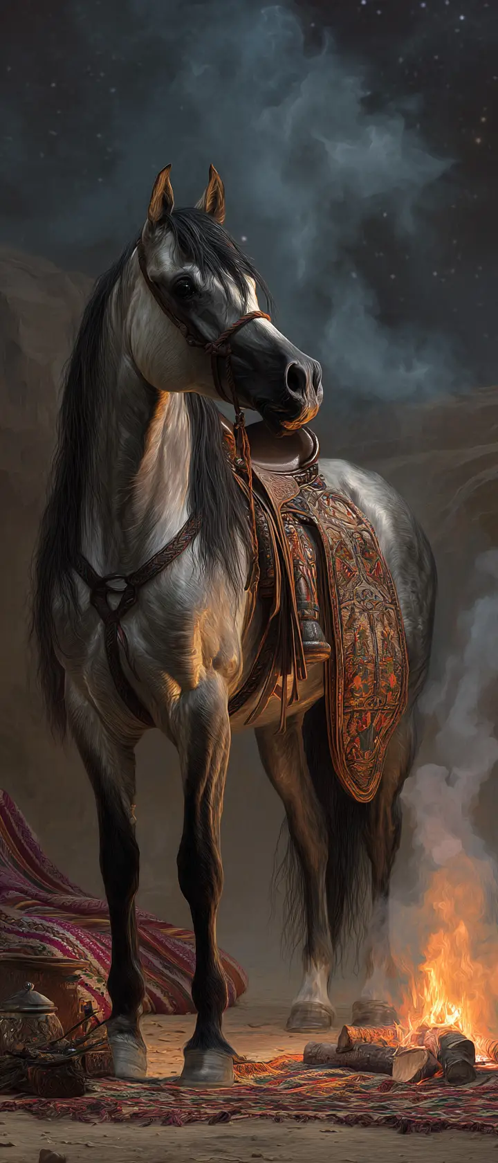 Majestic Arabian horse in an ancient desert Bedouin camp