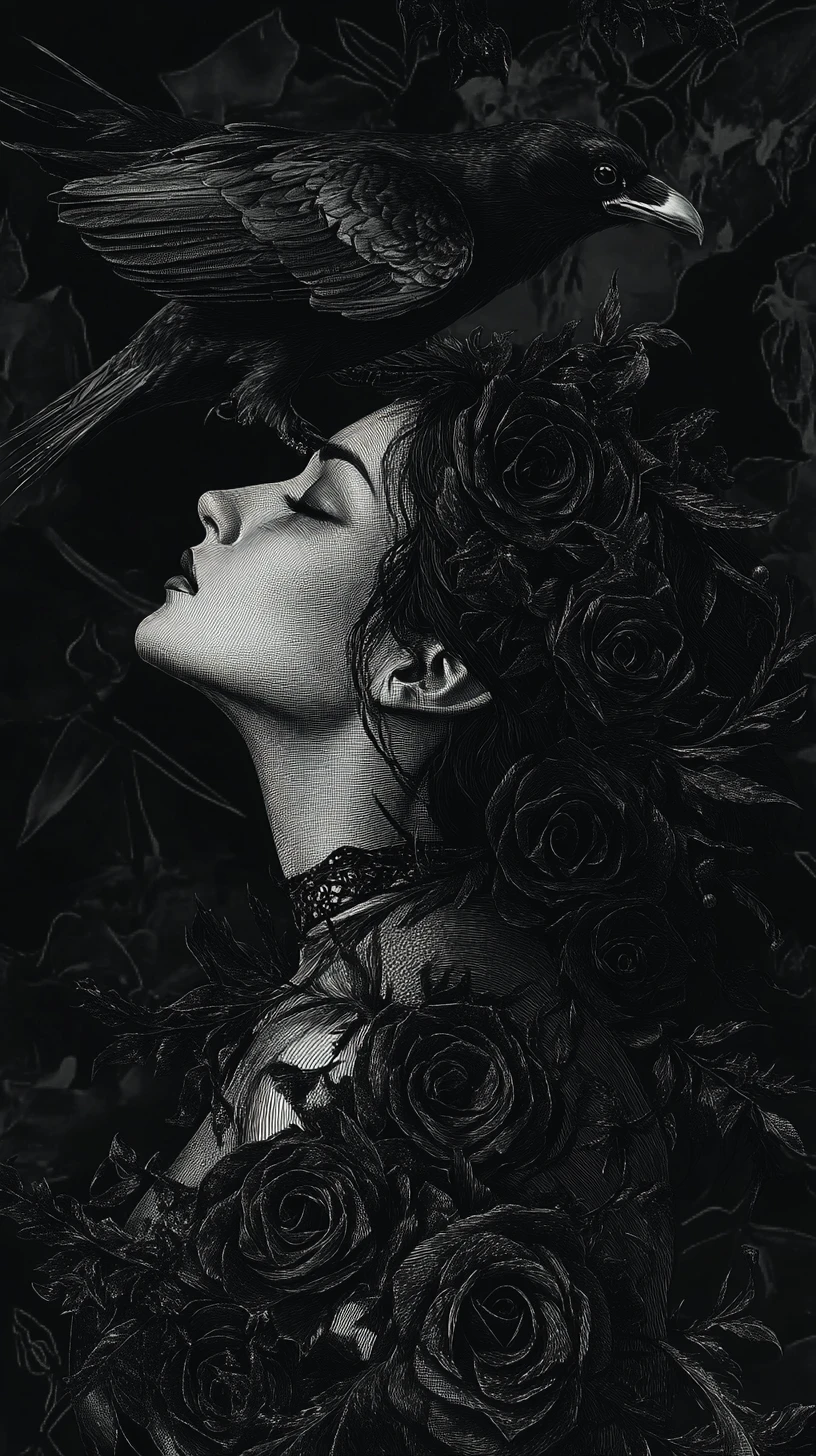 Dark feminine profile merging with raven and black roses
