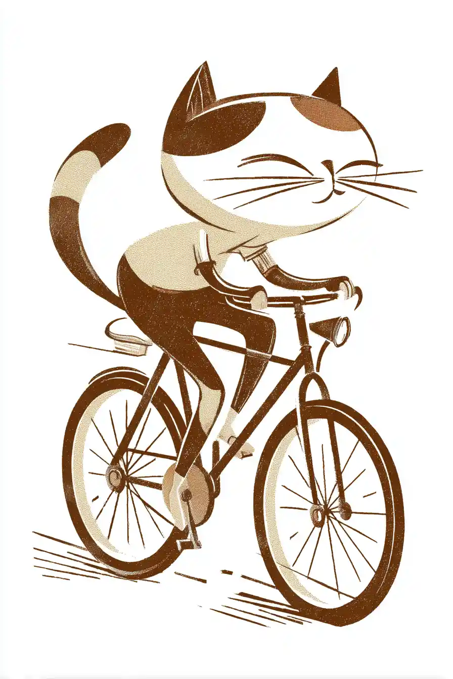 Calico cat riding a bike in vintage comic style print