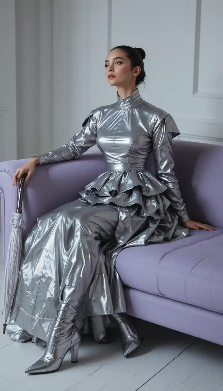 Futuristic woman reclining in metallic silver ruffled dress