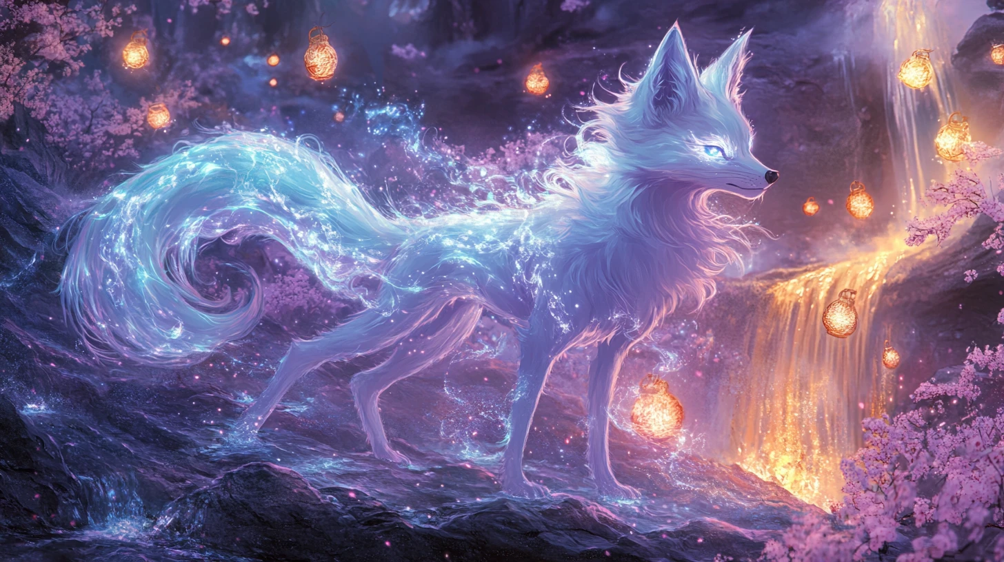 Translucent opal fox with nine radiant flaming tails
