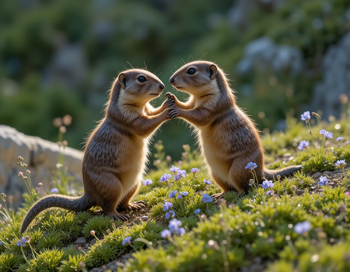 Two marmots standing face to face on a grassy slope