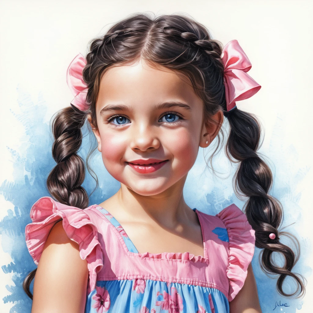 Smiling girl with long black braid in pink summer dress