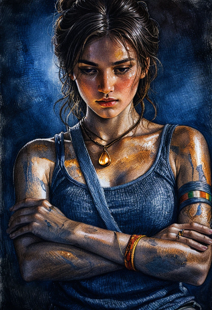 Contemplative woman lit by glowing amber pendant