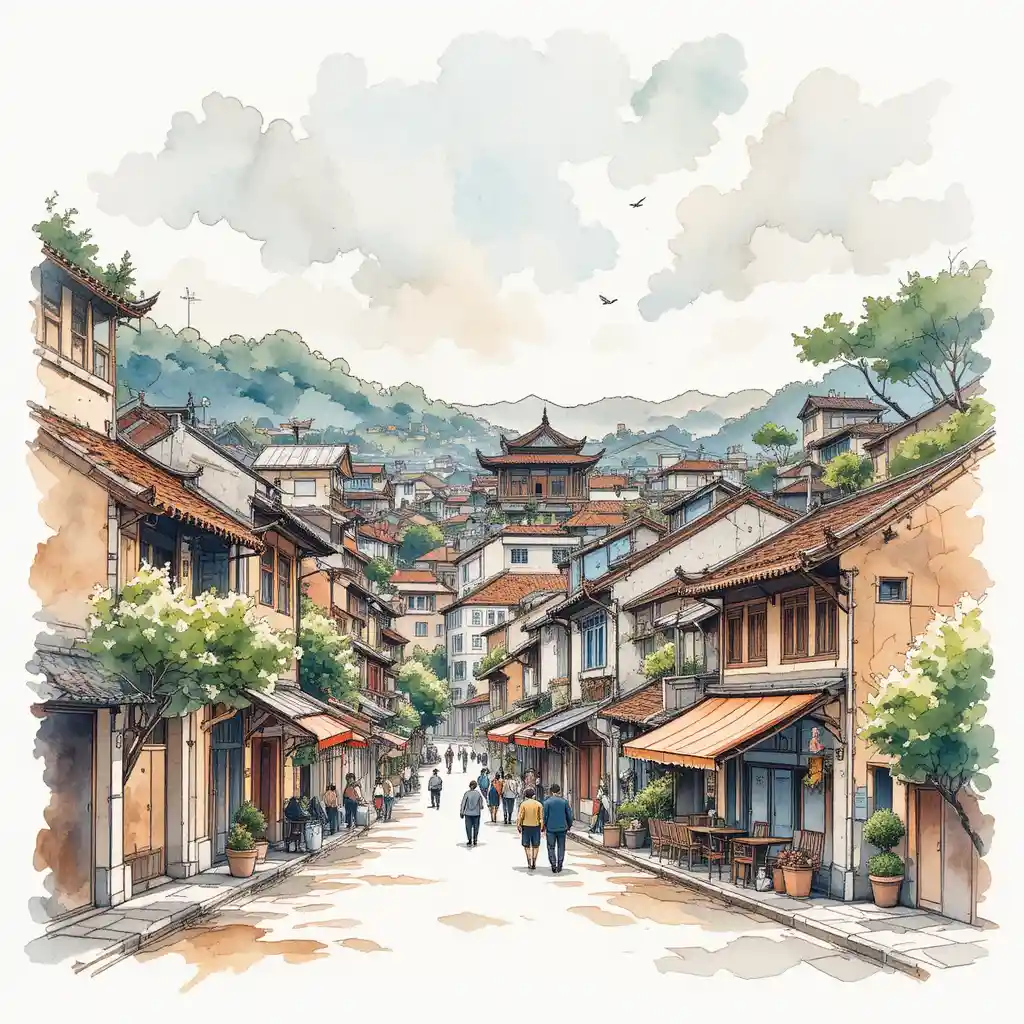 Vietnamese woman on city balcony in pen and watercolor
