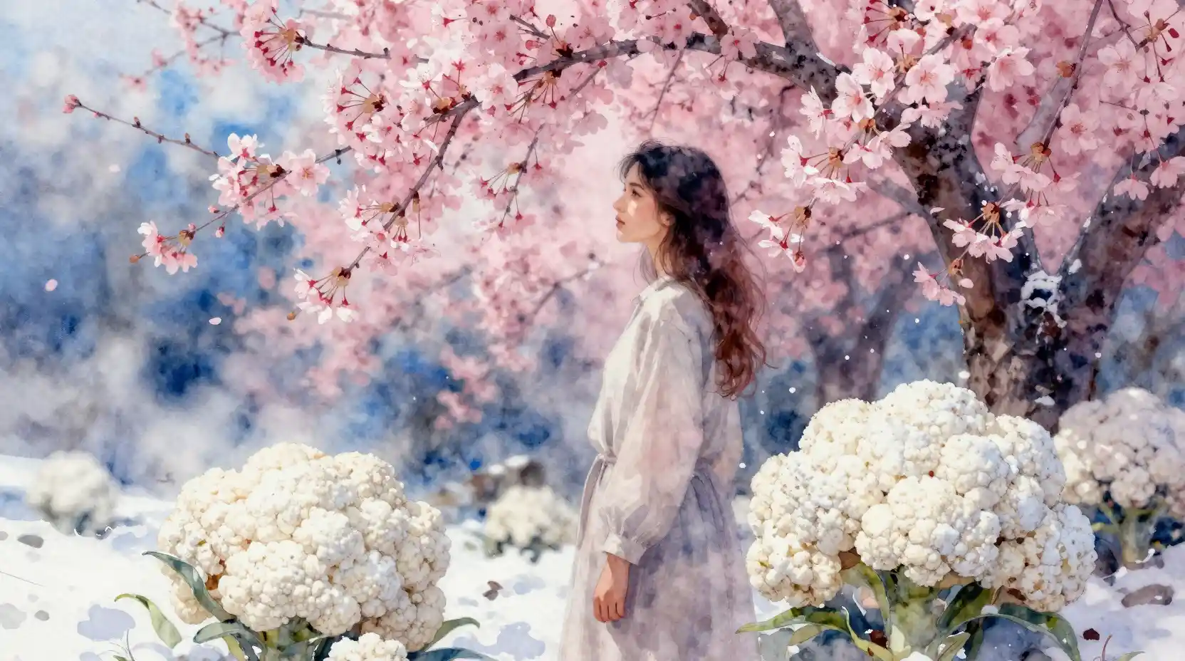 Young woman between cherry blossoms and falling snow washes