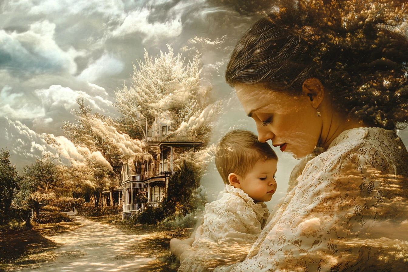 Surreal illusion of a mother and child in shifting forms