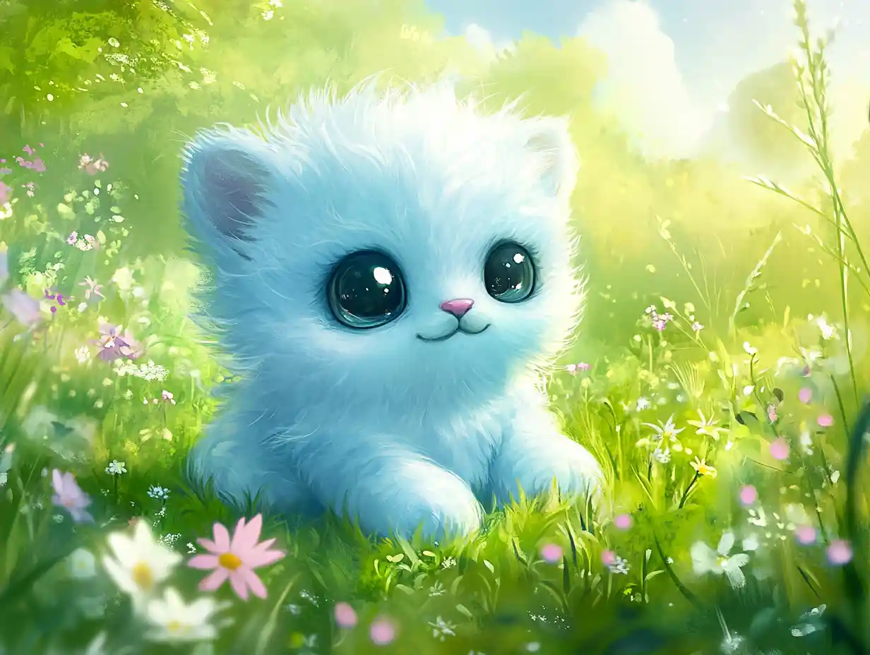 Cute blue baby animal sitting in a sunny green meadow