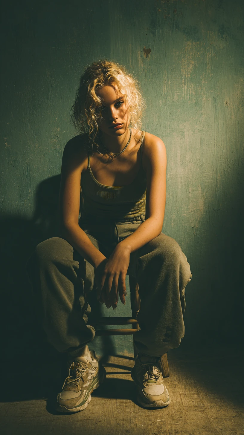 Relaxed blonde woman in color pencil full body portrait