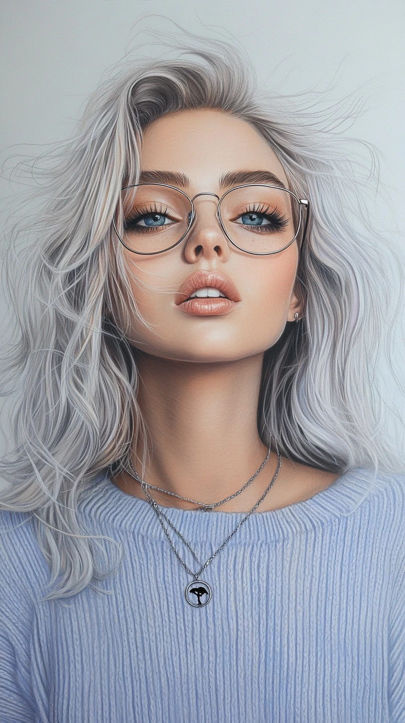 Woman with silver hair in colored pencil portrait