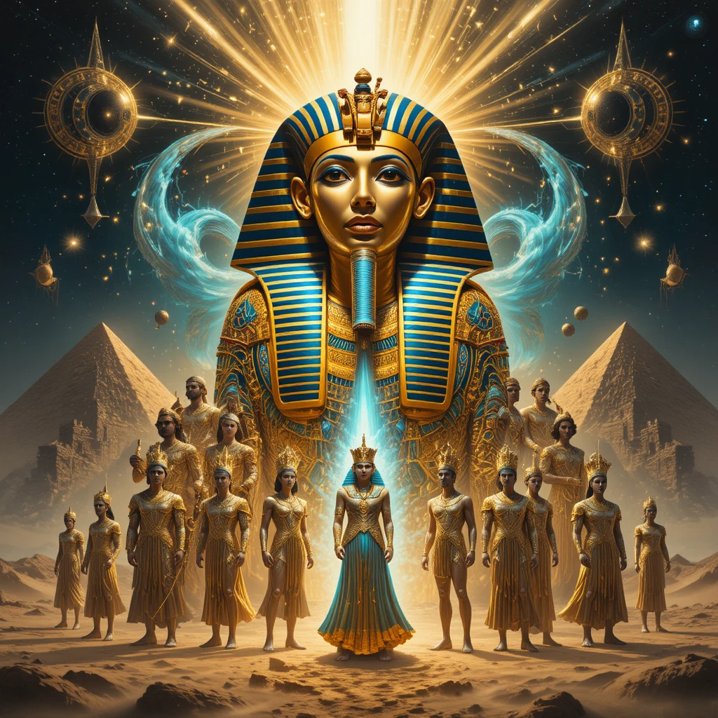 Golden egyptian mask surrounded by radiant divine figures