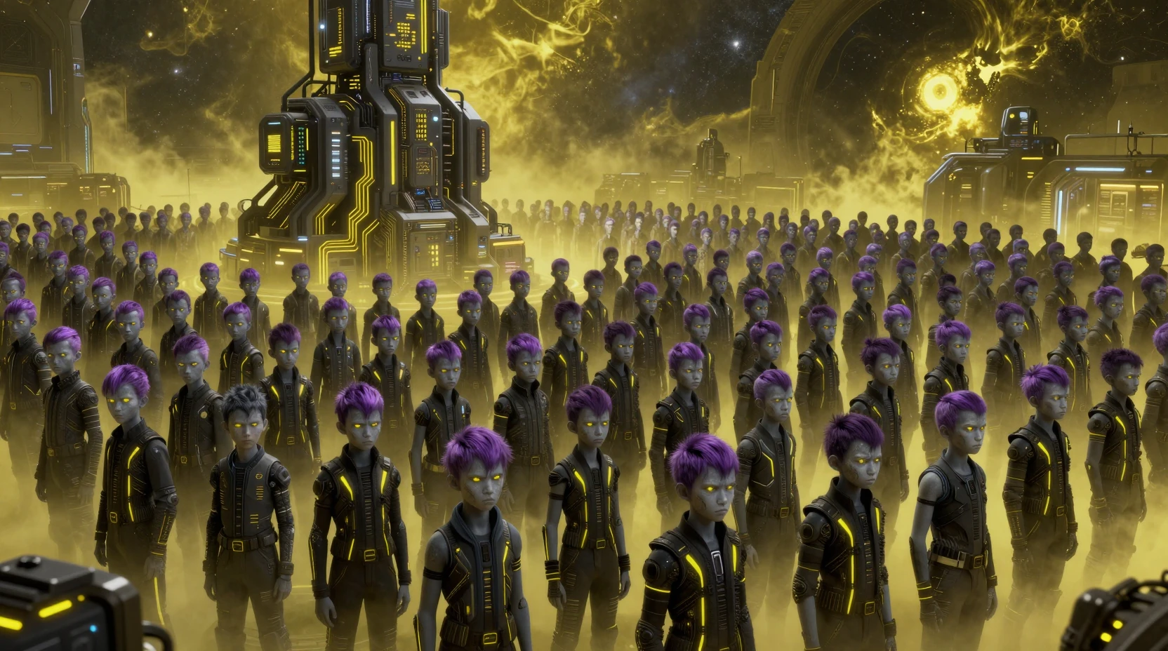 Futuristic Crowd Of Glowing Eyed Teenage Boys In Space