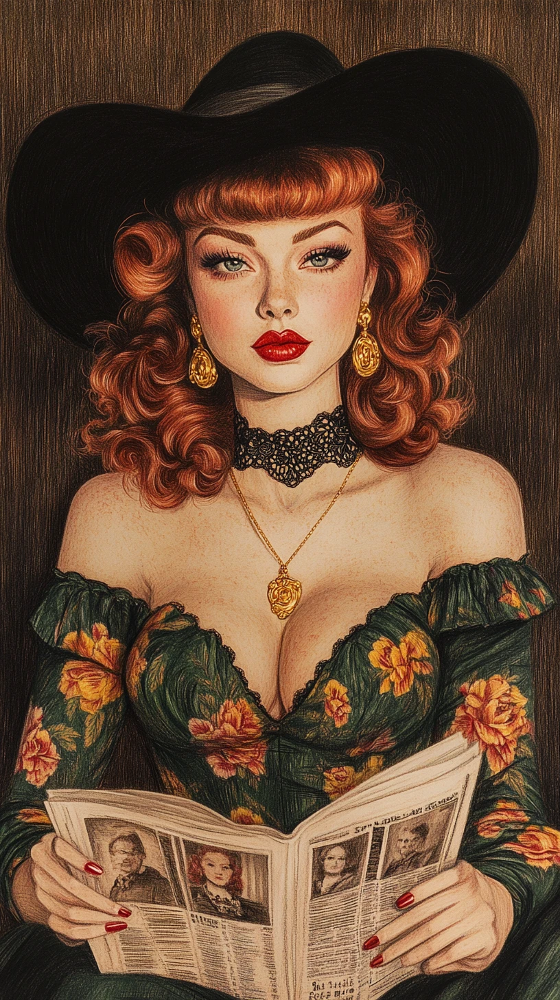 Vintage pin up woman reading a newspaper in chiaroscuro