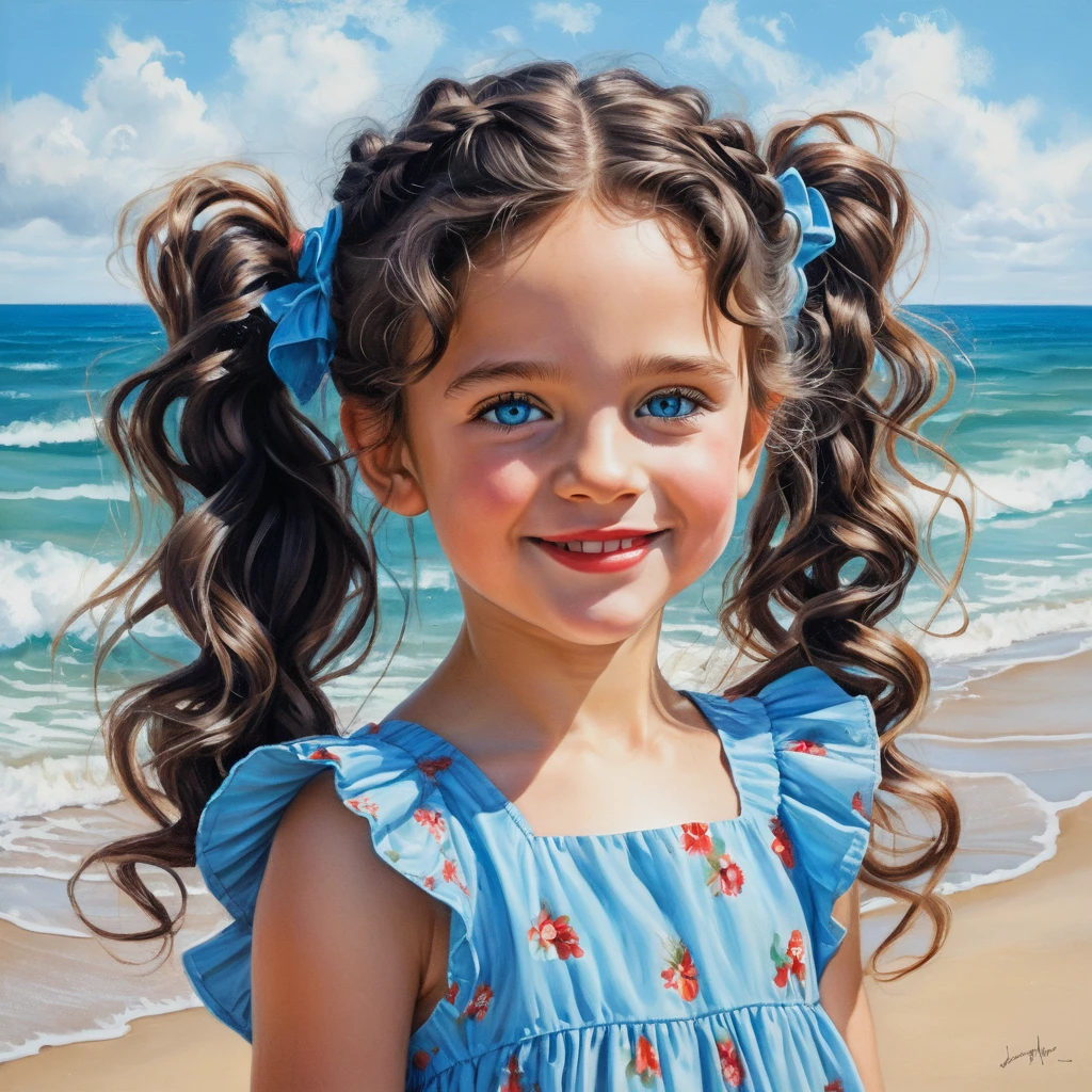 Smiling girl with curly black hair in blue summer dress