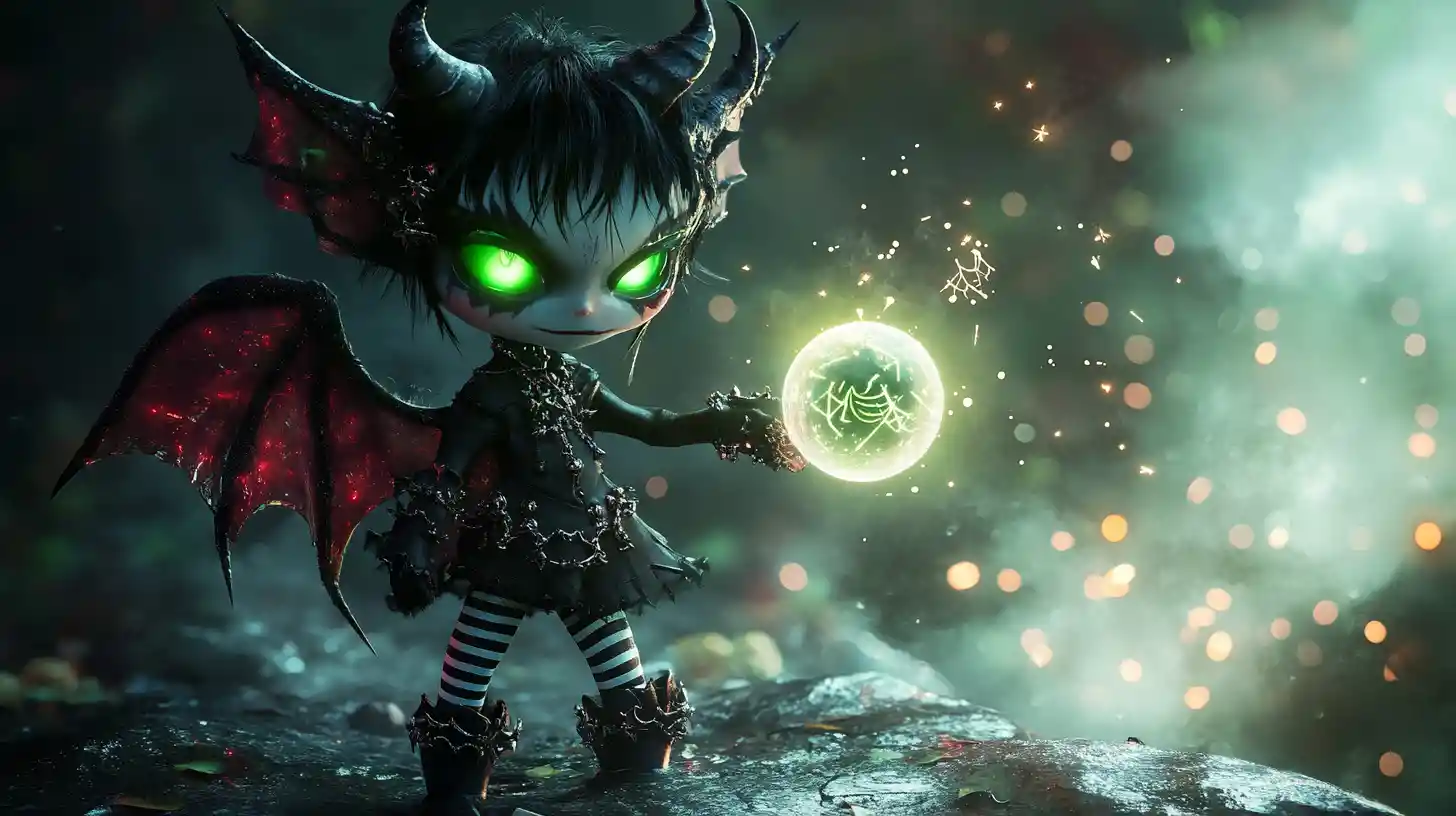 Chibi gothic demon holding a glowing magical dream orb