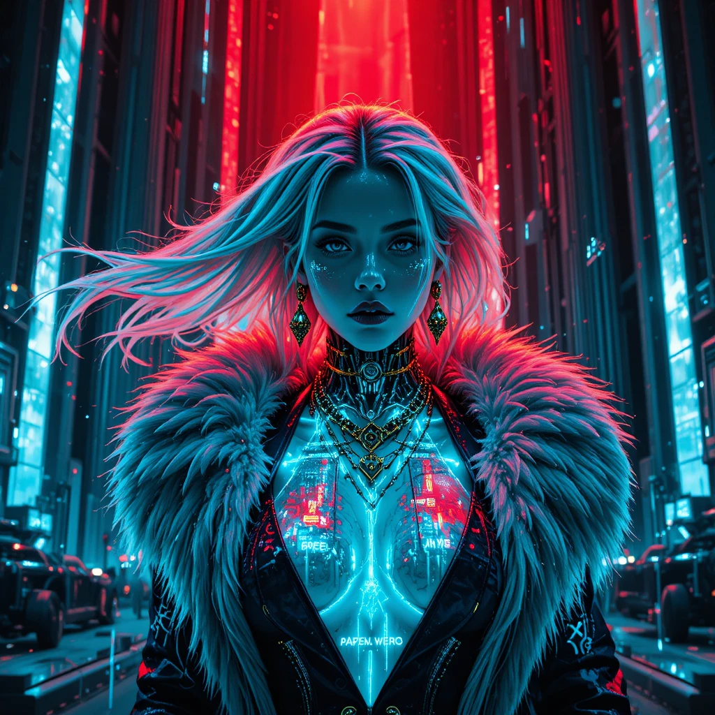 Cybernetic empress portrait in neon noir studio light