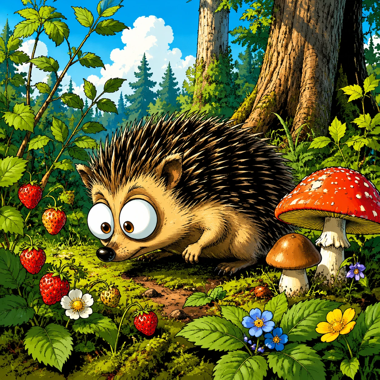 Cartoon hedgehog with big eyes in a sunny forest