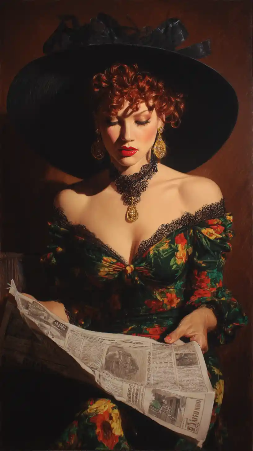 Vintage pin up woman reading a newspaper in shadows