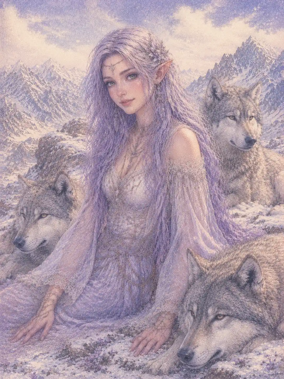 Elf woman lounging with wolves on a snowy mountaintop