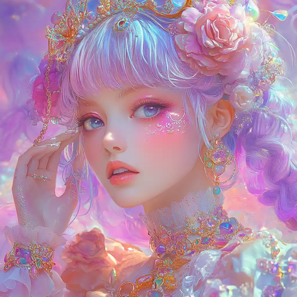 Whimsical baroque fairy in vibrant pastel fantasy scene