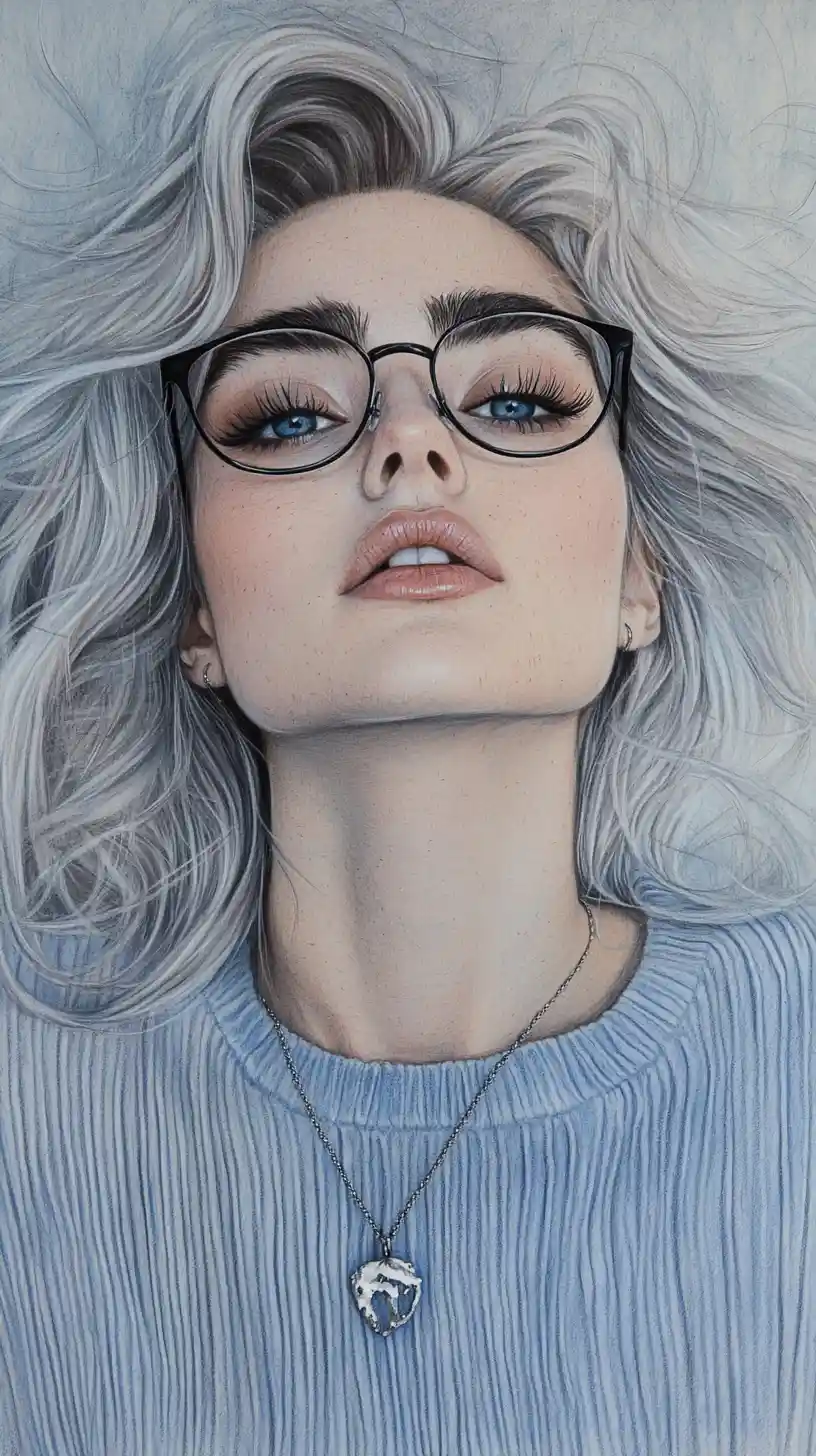 Silver haired woman portrait in colored pencil drawing