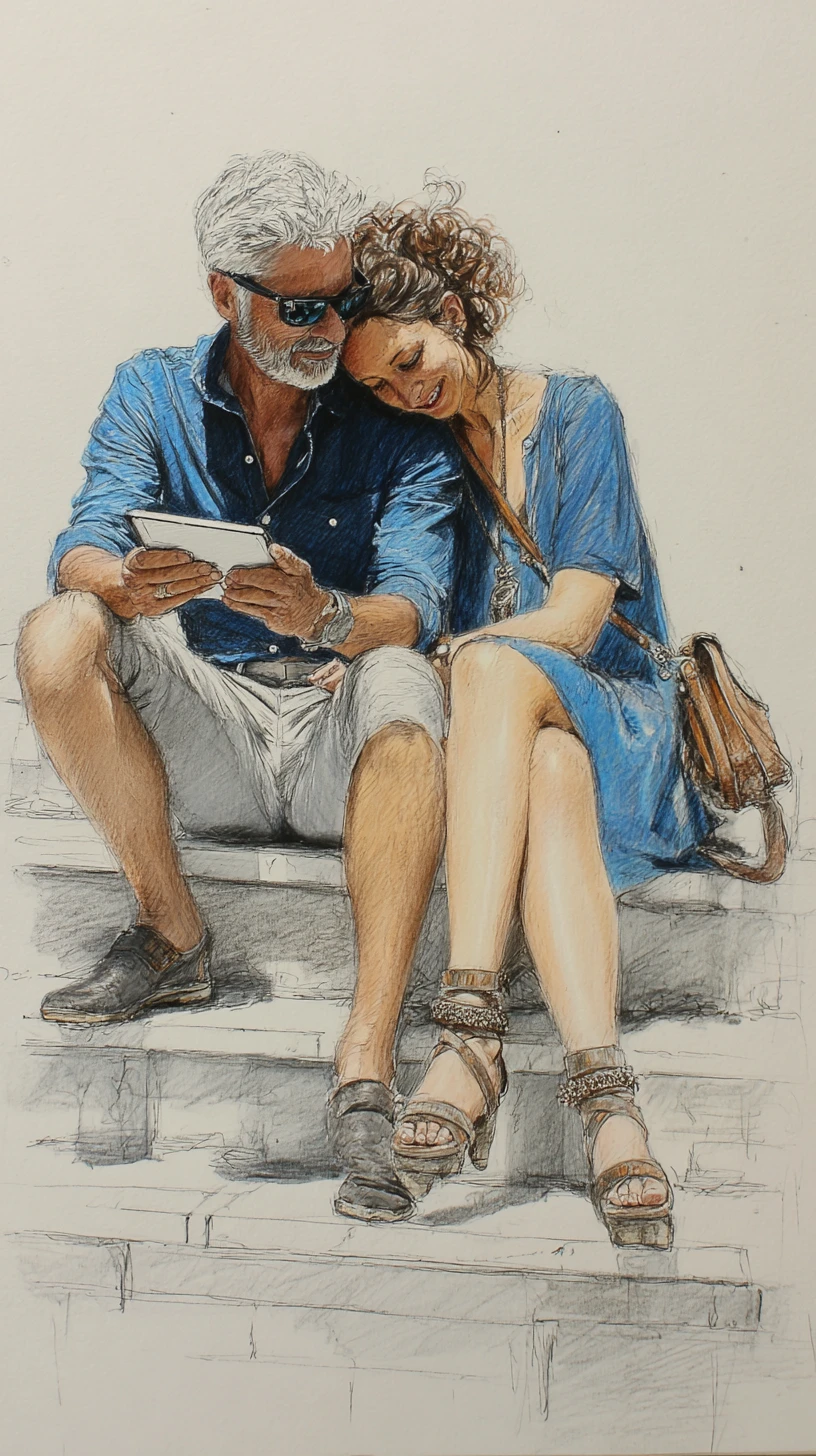 Tender couple on stone steps in color pencil drawing