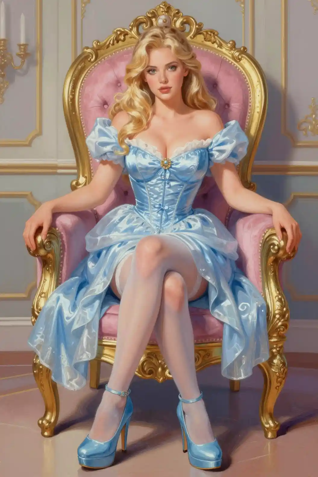 Blonde princess in blue dress seated on ornate throne