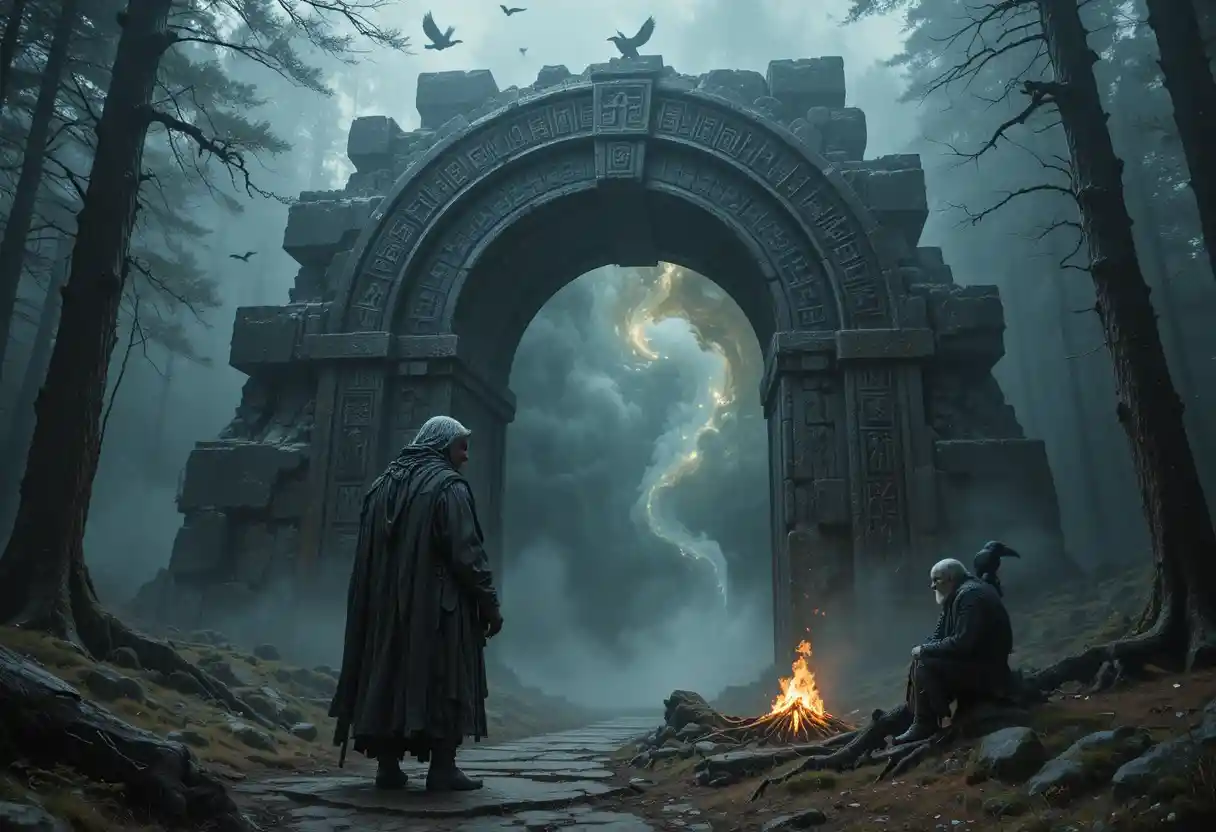 Ancient wanderer before a glowing runic stone gate