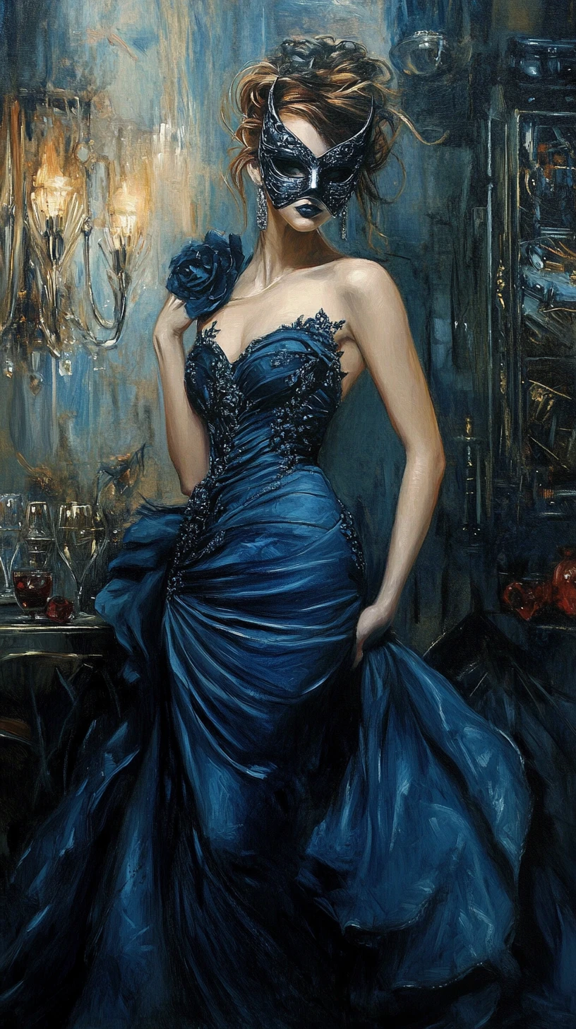 Elegante maskierte Frau im blauen Kleid auf einem Maskenball