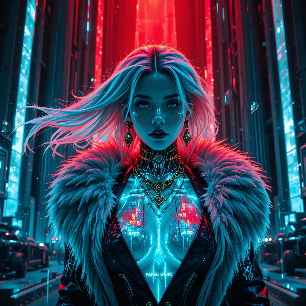 Cybernetic empress portrait in neon noir studio light