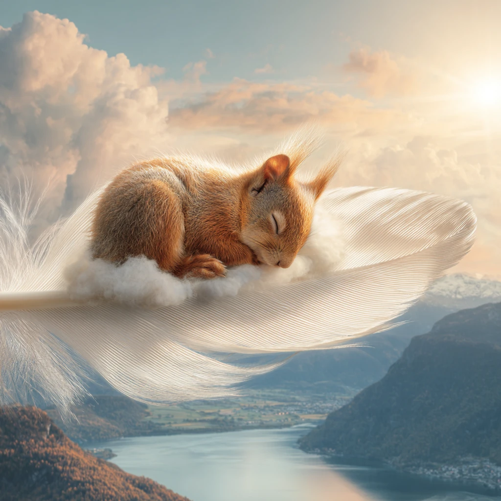 Tiny baby squirrel sleeping on a white feather in sky