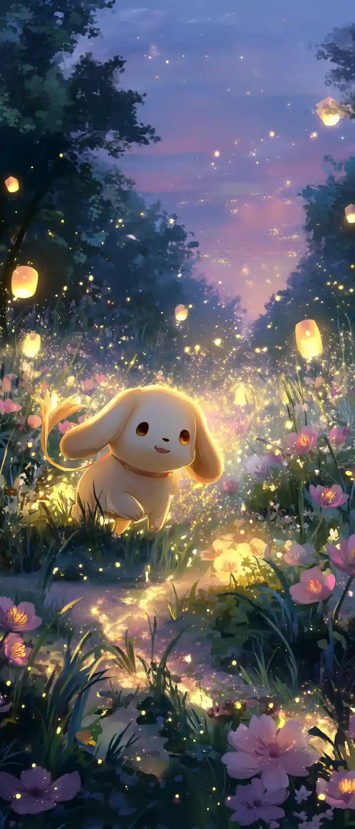 Cute anime puppy girl running through a twilight meadow